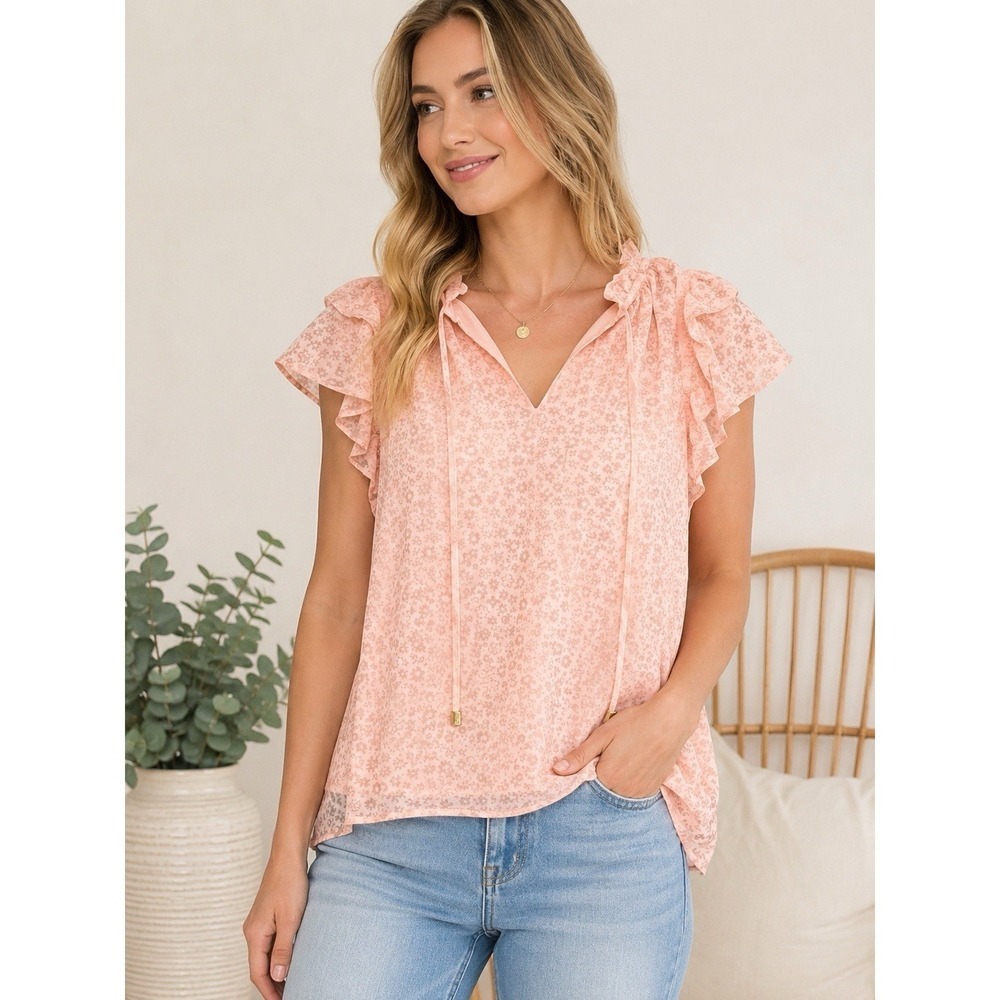 Entro Women's Pink Floral Flutter Sleeve Blouse Medium Boho Tie Neck Top